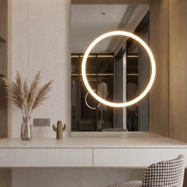 Nowoczesna toaletka z lustrem do makijażu, akcentami z jasnego drewna, białym blatem prostokątnym, krzesłem w pepitkę, suszoną trawą pampasową w wazonie i złotym kaktusem na blacie.