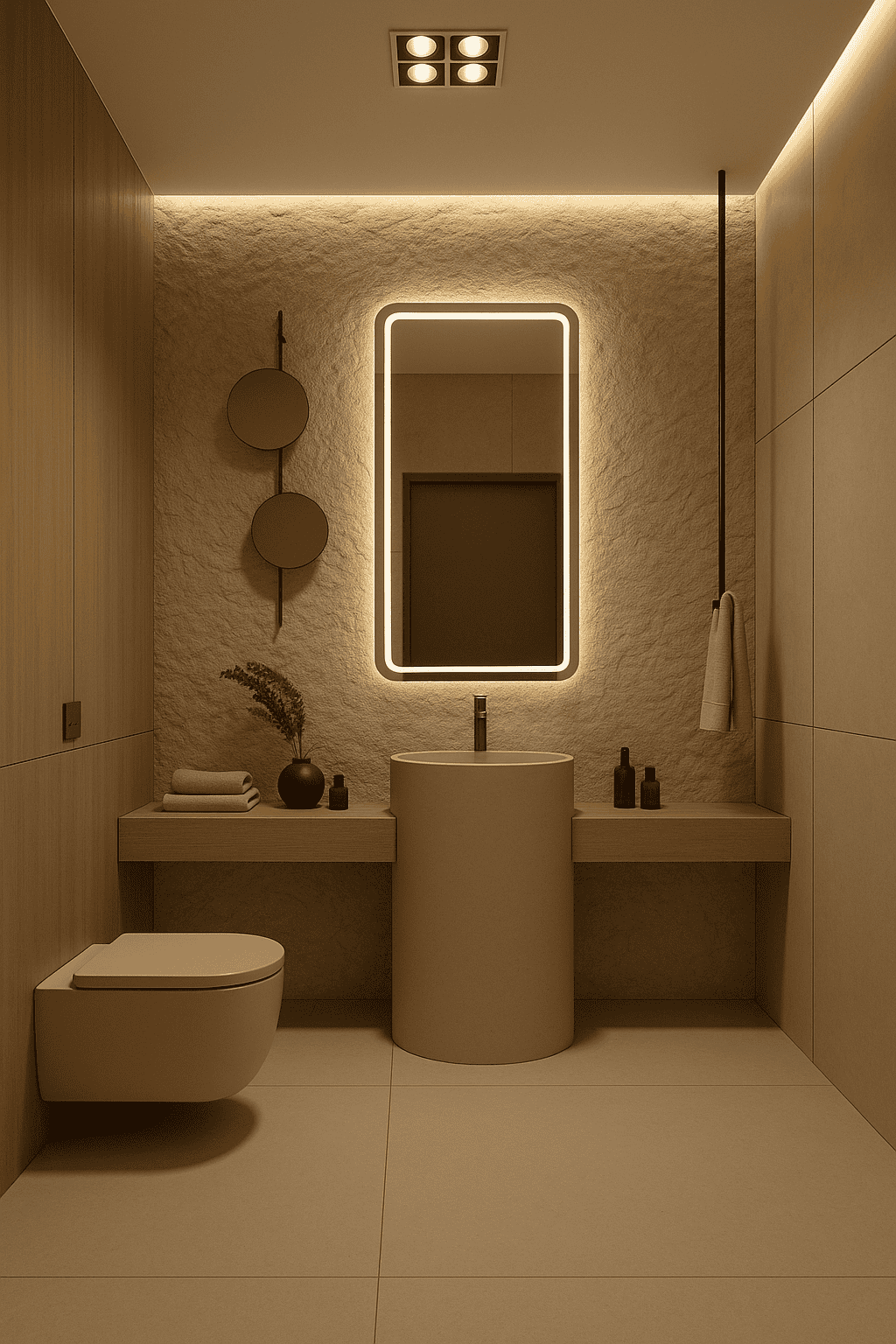 ChatGPT Image 7 sty 2026, 20_15_58 przedstawia minimalistyczną łazienkę z beżowymi kafelkami, toaletą naścienną, owalną umywalką na cokole, dużym podświetlanym lustrem, pływającą półką z ręcznikami, dekoracyjnymi wazonami i ciepłym oświetleniem otoczenia zapewniającym przytulny nastrój.