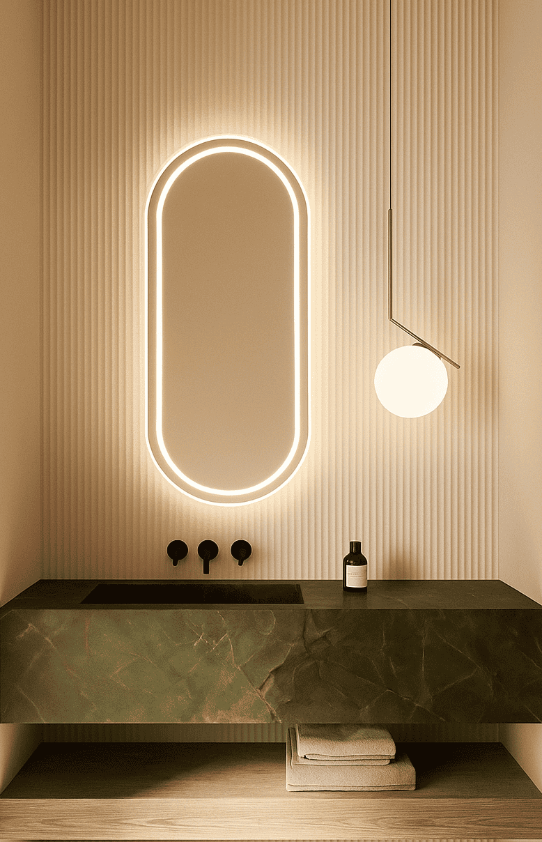 Nowoczesna łazienka z lampą Lustro owalne LED - Zen Line, ciemną marmurową umywalką z czarną armaturą, okrągłą lampą wiszącą, butelką na blacie i starannie złożonymi białymi ręcznikami na drewnianej półce poniżej.