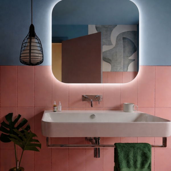 Nowoczesna łazienka z różowymi płytkami, dużą białą umywalką, zielonym ręcznikiem, Kubi lustro kwadratowe bezramowe z podświetleniem, lampą wiszącą i zielonym wazonem z dużym liściem na podłodze. Ściana nad płytkami jest niebieska.