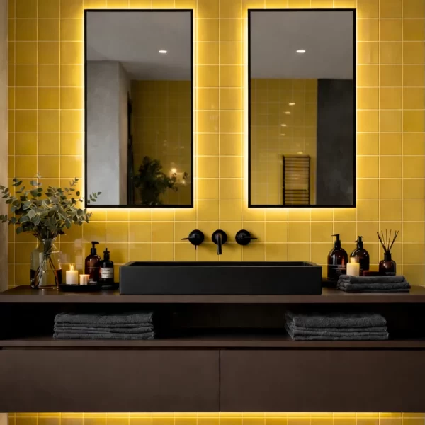 Lustra łazienkowe LED Line z podświetleniem w nowoczesnej aranżacji z żółtą ścianą, czarną umywalką i wzorzystymi płytkami podłogowymi